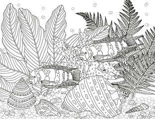 Coloring page for children and adults. Fabulous underwater world.
