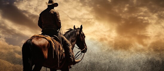 Silhouette of cowboy riding horse on dramatic sunset background. AI generated image - obrazy, fototapety, plakaty