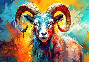 Wild ram drawn with bright colors. Colorful image of wild ram for advertising and design.