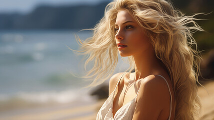Beautiful blonde woman walking on a beach on an summer day - obrazy, fototapety, plakaty
