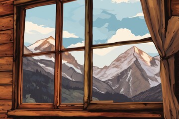 close up of rugged cabin windows with mountain views, magazine style illustration
