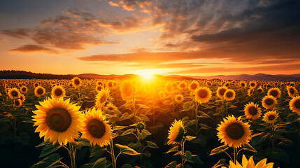 A sunflower field at golden hour, with sunflowers swaying in the breeze.