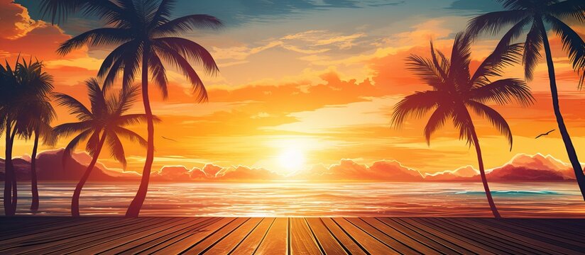 Beautiful tropical beach with palm tree on sunset view. AI generated image