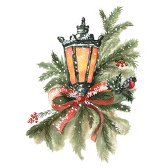 Watercolor Christmas card lantern and pine tree