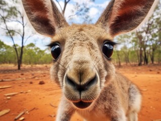 Close up portrait of a kangaroo. Detailed image of the muzzle. A wild animal in its natural habitat is looking at something. Curious look. Illustration with distorted fisheye effect for design.