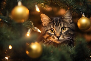 Fototapeta na wymiar a domestic cat framed by a Christmas tree with toys and garland