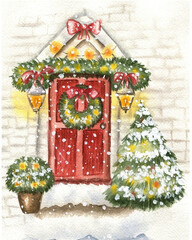 Watercolor Christmas card with entrance doors, wreath and lanterns.