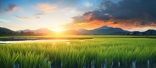 Paddy rice field at sunrise landscape. AI generated image - obrazy, fototapety, plakaty