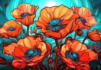 Painting with a field of blooming red poppies on the background of blue sky. Fresh spring flowers. Illustration for banner, postcard, greeting card, postcard, poster, cover or presentation.