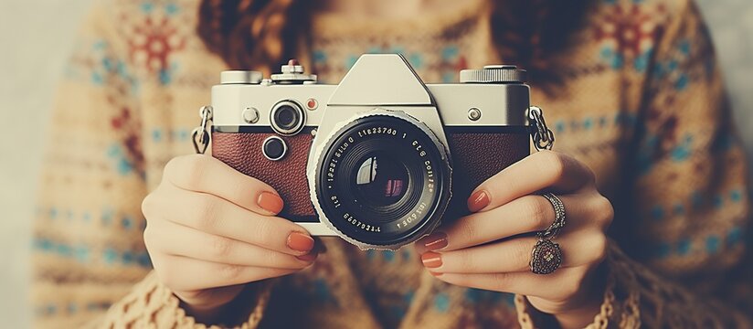Young cheerful woman traveler holds a camera in her hands isolated background