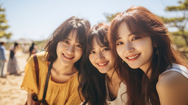 group of young asian woman having together fun with making photos and selfies