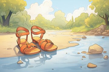 sandals by river edge