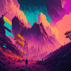 A world where war and music are captured as color. background of music as if it was color. Silhouette of a soldier playing music on a apocalyptic colorful world