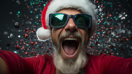 Man in Santa hats - holiday attire - excited - pumped - fired up - close-up shot - low angle shot 