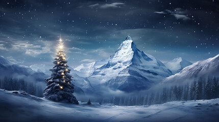 Fototapeta na wymiar A digital Christmas card with a snowy mountain scene.