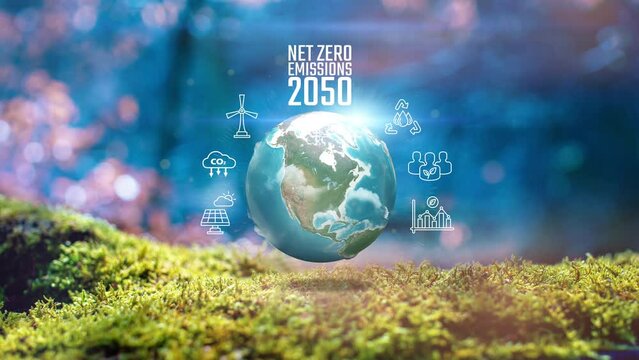 Net Zero Emission 2050 Earth Green Power Climate Icons On Real Moss background Concept Animation