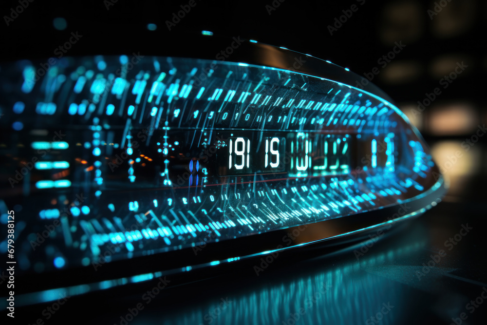 Poster a digital clock display transforming into binary code, illustrating the fusion of modern technology 