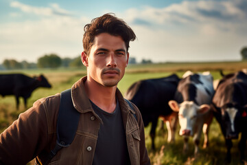 Portrait of a joyful young European farmer in a field with cows. Selective focus on the person. 
