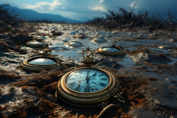 A surreal landscape with melting pocket watches scattered on the ground, symbolizing the malleability of time. Concept of time distortion. Generative Ai.