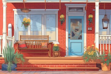 porch details of a vivid red victorian home, magazine style illustration