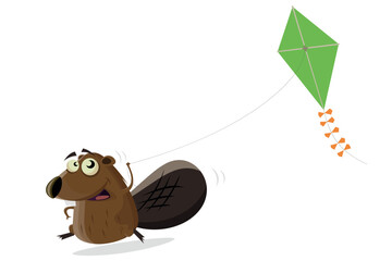 funny cartoon beaver flying a kite
