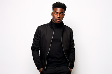 Fototapeta premium Stylish young with an African appearance man against a white background, full height, showcasing attention to detail.