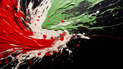 Abstract expressionist peppermint, red and green splatter across a black canvas, energetic