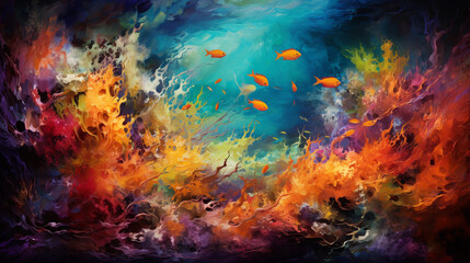 Abstract expressionist rendering of a coral reef, splashes of vibrant colors to signify marine life, textured layers, bold brushwork, luminous, underwater lighting effects