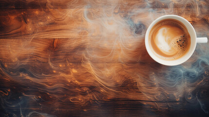 fluid art, swirls of tea and coffee mixing, watercolor textures, ethereal hues, dreamy atmosphere, cool lighting, on a rustic wooden table