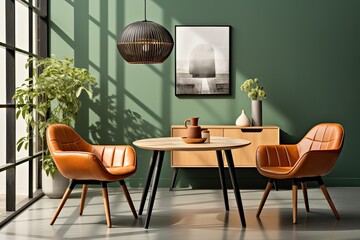 Dining table in room with green walls