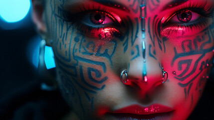 Cyberpunk-themed close-up, glowing neon tattoos on the face, reflective cybernetic eye