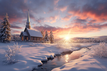 A serene snowy landscape with a solitary church steeple against the backdrop of a setting sun, symbolizing the peacefulness and reflection of Christmas. Generative Ai.