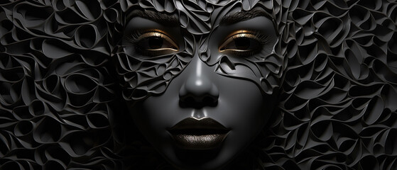 Portrait of a woman's face with gold eye shadow. Web texture and swirls on face and background.