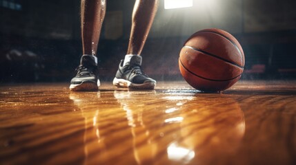 Basketball player feet and ball, view from the ground - obrazy, fototapety, plakaty