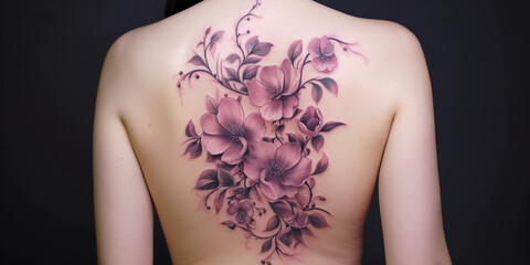 Floral tattoos, roses, cherry blossom, lavender, watercolor style, depth of field