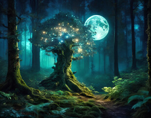 Ambient luminous forest in the moon night