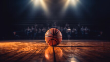 Basketball on court floor, close up with blurred arena in background - obrazy, fototapety, plakaty