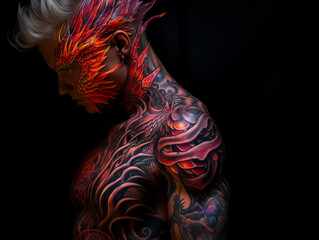 dragon tattoo, vibrant fire colors, coiling around an arm, chiaroscuro lighting, moody atmosphere