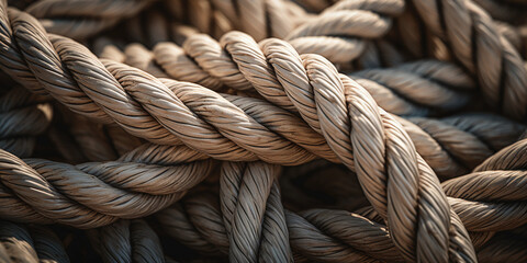 Fototapeta na wymiar closeup of intricate knots and ropes on a wooden sailing ship, tactile textures