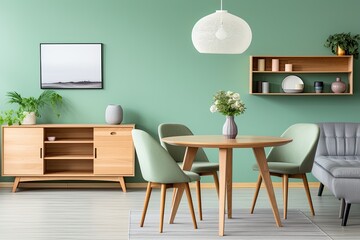 Dining table in room with green walls