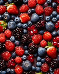 Mosaic of mixed berries, each berry a tiny tile, vibrant colors, intricate patterns