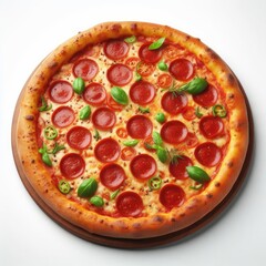 top view of fresh delicious pepperoni pizza with melted cheese isolated on white background 