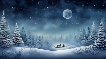 Obraz na płótnie Canvas A winter wonderland wallpaper with Santa's sleigh soaring over a moonlit forest.