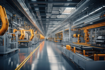 The interior of an Industry 4.0 smart factory, where advanced automation, machinery, and robotics operate in a futuristic industrial setting. Generative Ai.