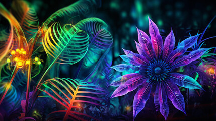 Obraz na płótnie Canvas Psychedelic digital painting of a rainforest, flora and fauna blending and morphing into fractal patterns, vivid neon colors, optical illusions
