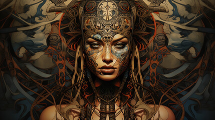 Tribal tattoos, Polynesian, Native American, Celtic knots, against a black leather texture, dramatic side lighting