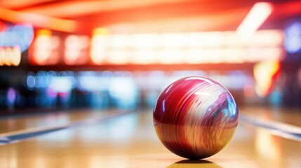 Bowling ball put on alley with blurred bowling pin background. - obrazy, fototapety, plakaty