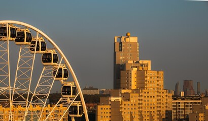 Large Ferris wheel is situated on a beachfront next to a line of buildings