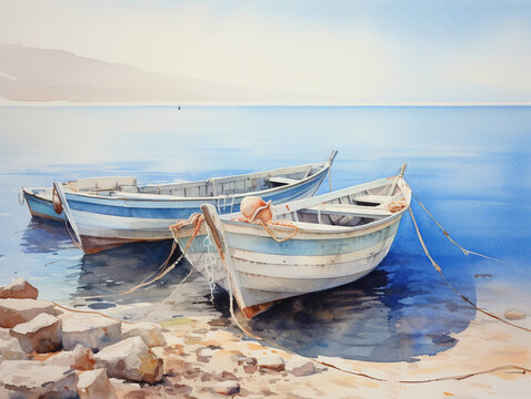 Watercolor painting, impression of small fishing boats at rest, soft pastel tones, gentle morning light