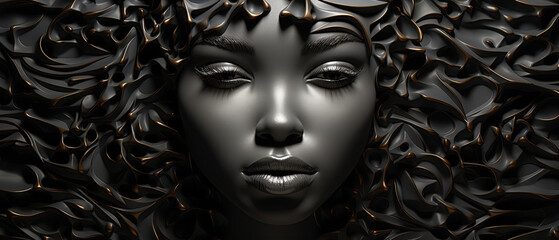 3D Portrait of a African American woman. Black over back texture gold tipped background.